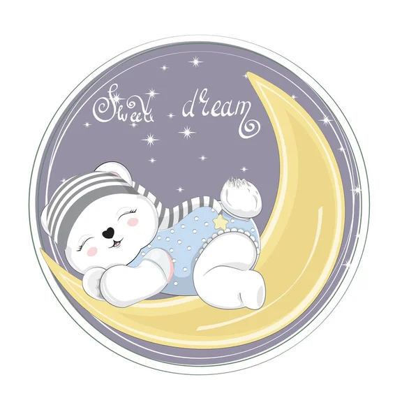 Bébé Endormi Ours Peluche Garçon Sur Lune Photo Dessin Main — Image vectorielle