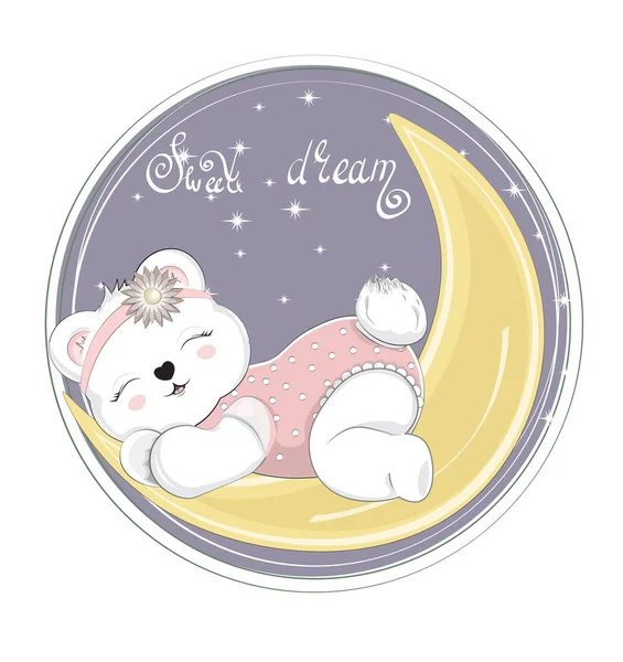 睡梦中的小泰迪熊女孩 在月球上 手绘卡通画风格 用于T恤衫印花 时装设计 派对邀请函 — 图库矢量图片