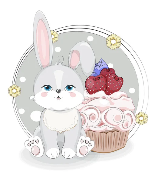 Cute Grey Baby Rabbit Honey Bunny Sitting Cupcake Strawberry Picture — Stock Vector