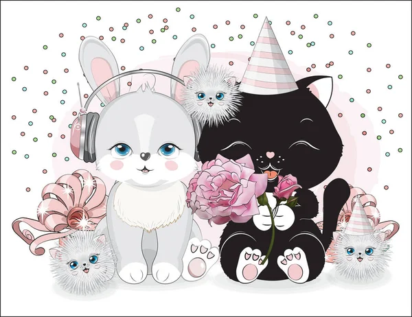 Милий Милий Чорний Кіт Кролик Навушниках Подарунками Картина Ручному Малюнку — стоковий вектор