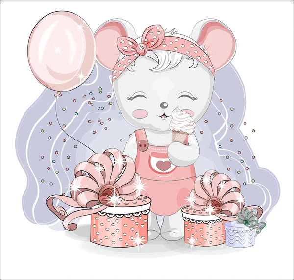 可爱可爱的小老鼠与冰淇淋 带着礼物的轮齿 意大利面和气球 手绘卡通画风格 用于T恤衫印刷 明信片 婴儿淋浴 派对邀请函 — 图库矢量图片