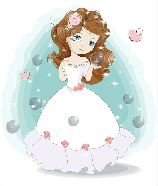 Beautiful Charming Little Princess White Wedding Dress Flower Picture Hand — Stock Vector