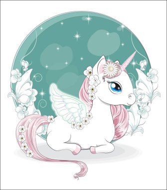 Sihirli beyaz çiçek bahçesinde kanatları olan güzel prenses tek boynuzlu at. Karikatür tarzı resim, tişört desenli kıyafet tasarımı, tebrik kartı, kartpostal. Bebek partisi. parti daveti.