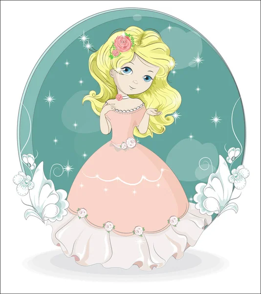 Güzel Sevimli Küçük Prenses Pembe Elbiseli Beyaz Çiçek Bahçesinde Karikatür — Stok Vektör