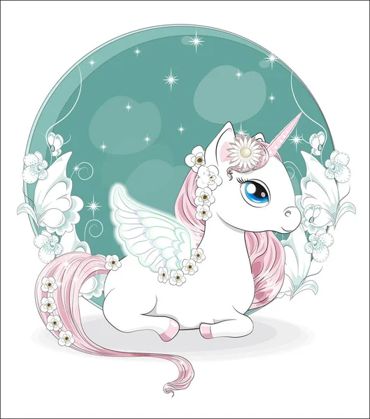 Sihirli beyaz çiçek bahçesinde kanatları olan güzel prenses tek boynuzlu at. Karikatür tarzı resim, tişört desenli kıyafet tasarımı, tebrik kartı, kartpostal. Bebek partisi. parti daveti.