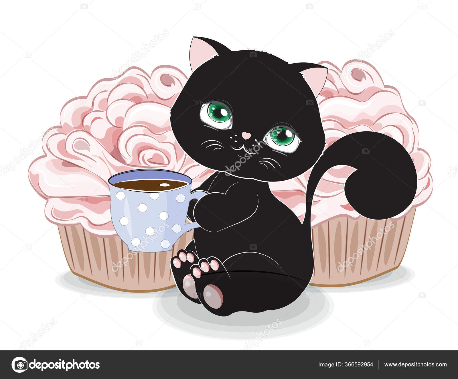 Mignon Chat Noir Chaton Avec Une Tasse The Chaud Chocolat Image Vectorielle Par Lollitta C Illustration