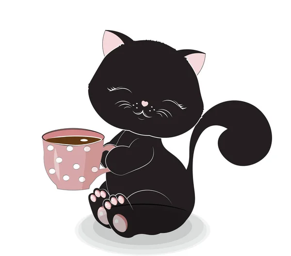 Leuke Zwarte Kat Poesje Met Kopje Warme Thee Chocolade Koffie — Stockvector