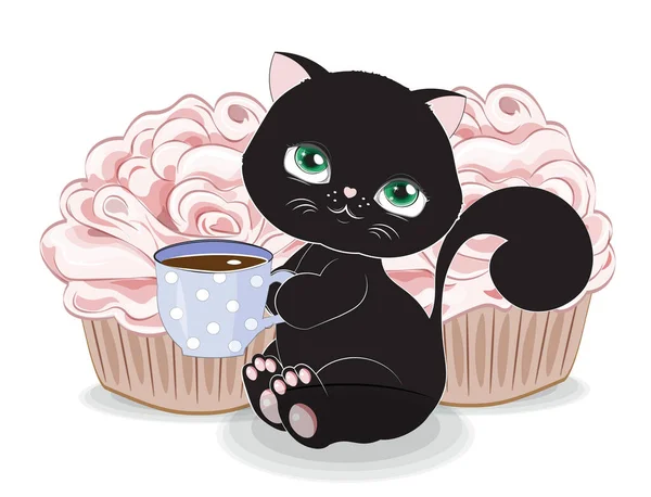 Leuke Zwarte Kat Poesje Met Kopje Warme Thee Chocolade Koffie — Stockvector