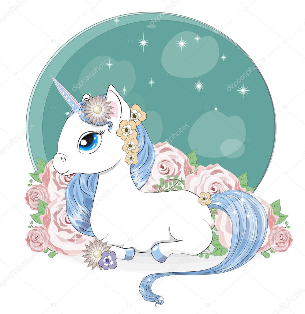 beautiful princess unicorn with wings in magic white flower garden. Picture in hand drawing cartoon style, for t-shirt wear fashion print design, greeting card, postcard. baby shower. party invitation.