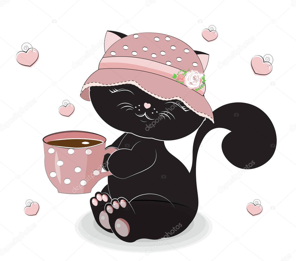 Cute black cat, kitten, in cap with cup of hot tea, chocolate or coffee. Picture in hand drawing cartoon style, for t-shirt wear fashion print design, greeting card, postcard. baby shower. party invitation