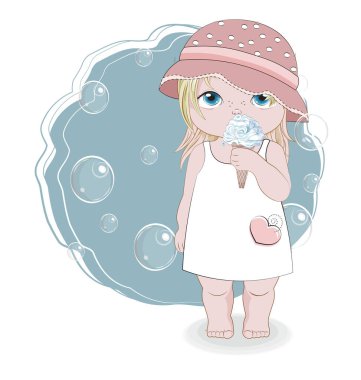 Hello summer baby girl in summer dress and cap, soap bubbles and ice cream. Picture in hand drawing cartoon style, for greeting card, postcard. baby shower. party invitation.																	