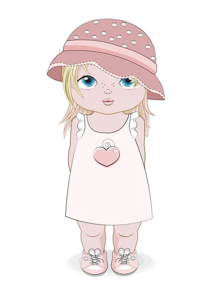 Hello Summer Baby Girl Summer Dress Hat Picture Hand Drawing — Stockvector