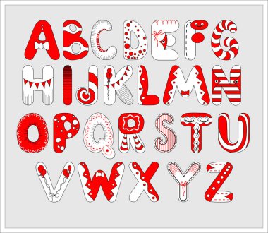 Mutlu doğum günü alfabe tasarımınız için kırmızı ve beyaz renklerde. Vektör çizim.