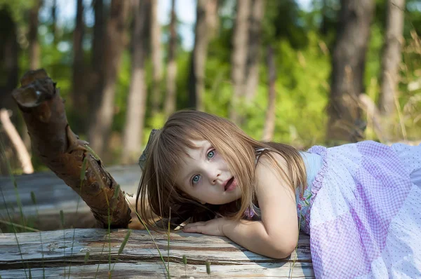 Schattig meisje in witte jurk in het forest. Forest nimf. Zonnige dag — Stockfoto