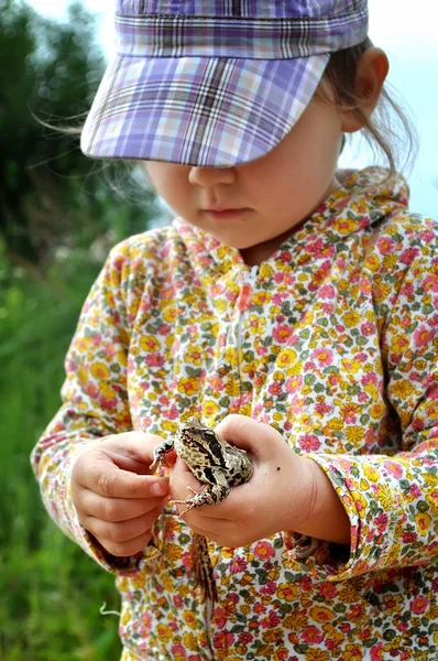 Een schattig jong kind meisje een kikker toad bedrijf in handen en lachen — Stockfoto