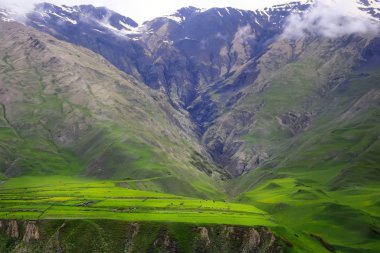 Yaz dağları yeşil çimenler ve mavi gökyüzü manzarası