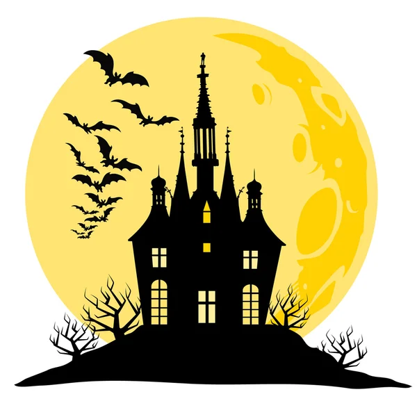 Halloween vy över slottet, månen, fladdermöss och hill. Silhuett vektorillustration. — Stock vektor