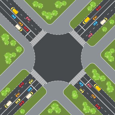 Araba ile yol kavşağı. Üstten Görünüm. Vektör çizim