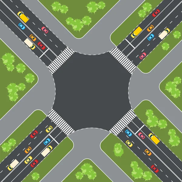 De kruising van de weg met auto's. Bovenaanzicht. Vectorillustratie — Stockvector