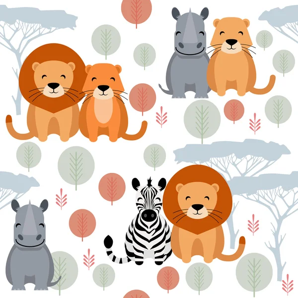 Cute vector animal seamless pattern with lion, rhino, zebra — Stock Vector