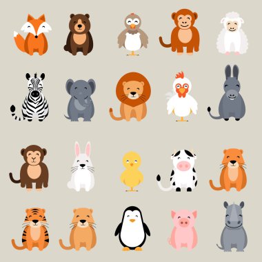 Cute vector animal set. Fox, bear, elephant, bear, hen, chicken, chick, rooster, lion, monkey, tiger, pig, donkey, rabbit, rhino, cow, zebra, sheep, penguin