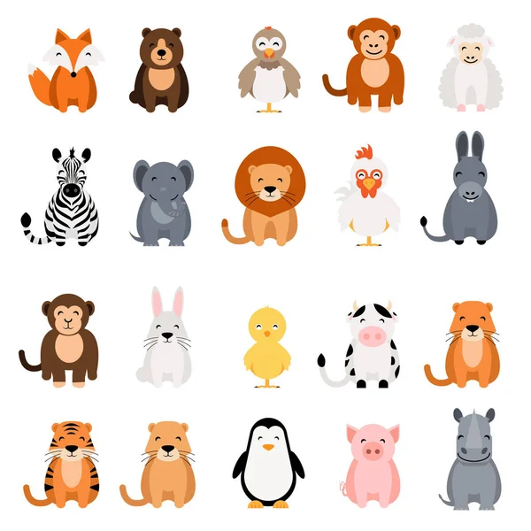 Cute vector animal set on white background. Fox, bear, elephant, bear, hen, chicken, chick, rooster, lion, monkey, tiger, pig, donkey, rabbit, rhino, cow, zebra, sheep, penguin — Stock Vector