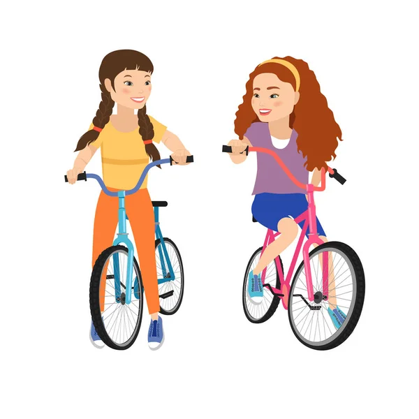 Två leende flickor på cyklar isolerade. Flicka vänskap — Stock vektor