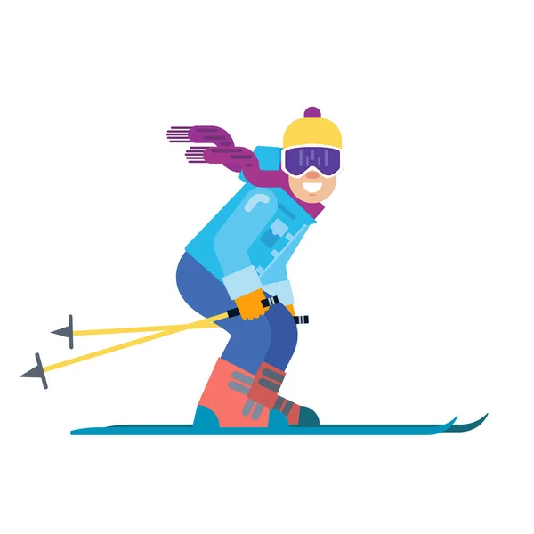 Cartoon skier isolated. Skiing sportsman character in ski suit vector illustration. Smiling man on skis. — Stock Vector