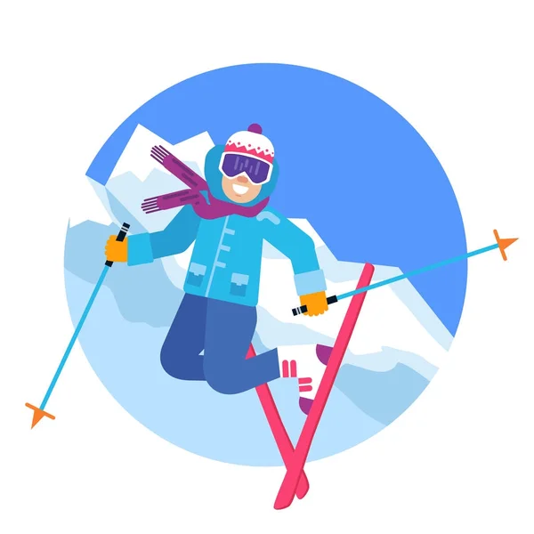 Saltar esquiador feliz en la ilustración vectorial montañas. Sonrientes deportistas de esquí carácter — Archivo Imágenes Vectoriales