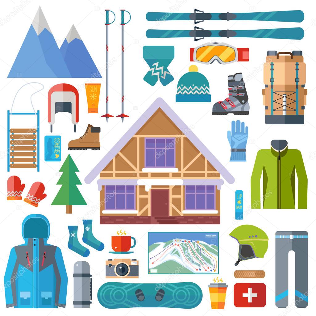 Winter sports activity and equipment icon set. Skiing, snowboarding vector isolated. Ski resort elements in flat design.