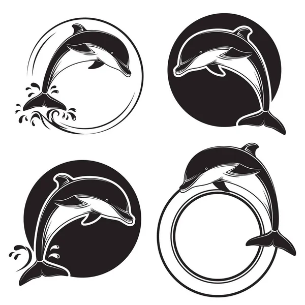 Набор винтажных икон дельфинов, эмблем и этикеток с волнами и каплями воды — стоковый вектор