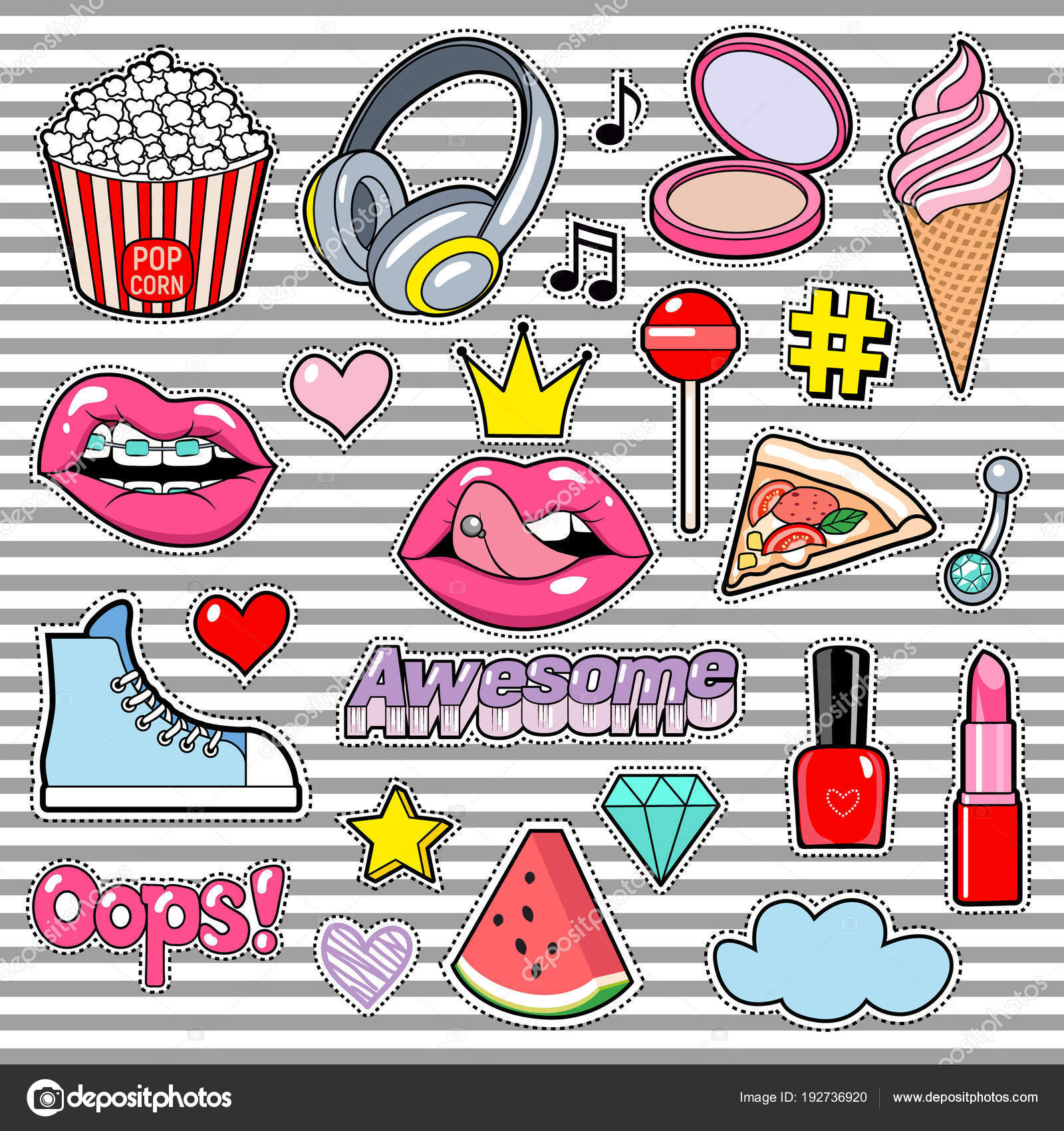 Download Etiqueta moda pack corazón, corona, labios, zapatillas de ...