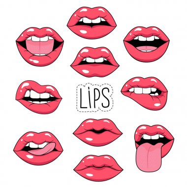 Lips patch set 80s-90s comic style. Vector stickers and patches on white isolated clipart