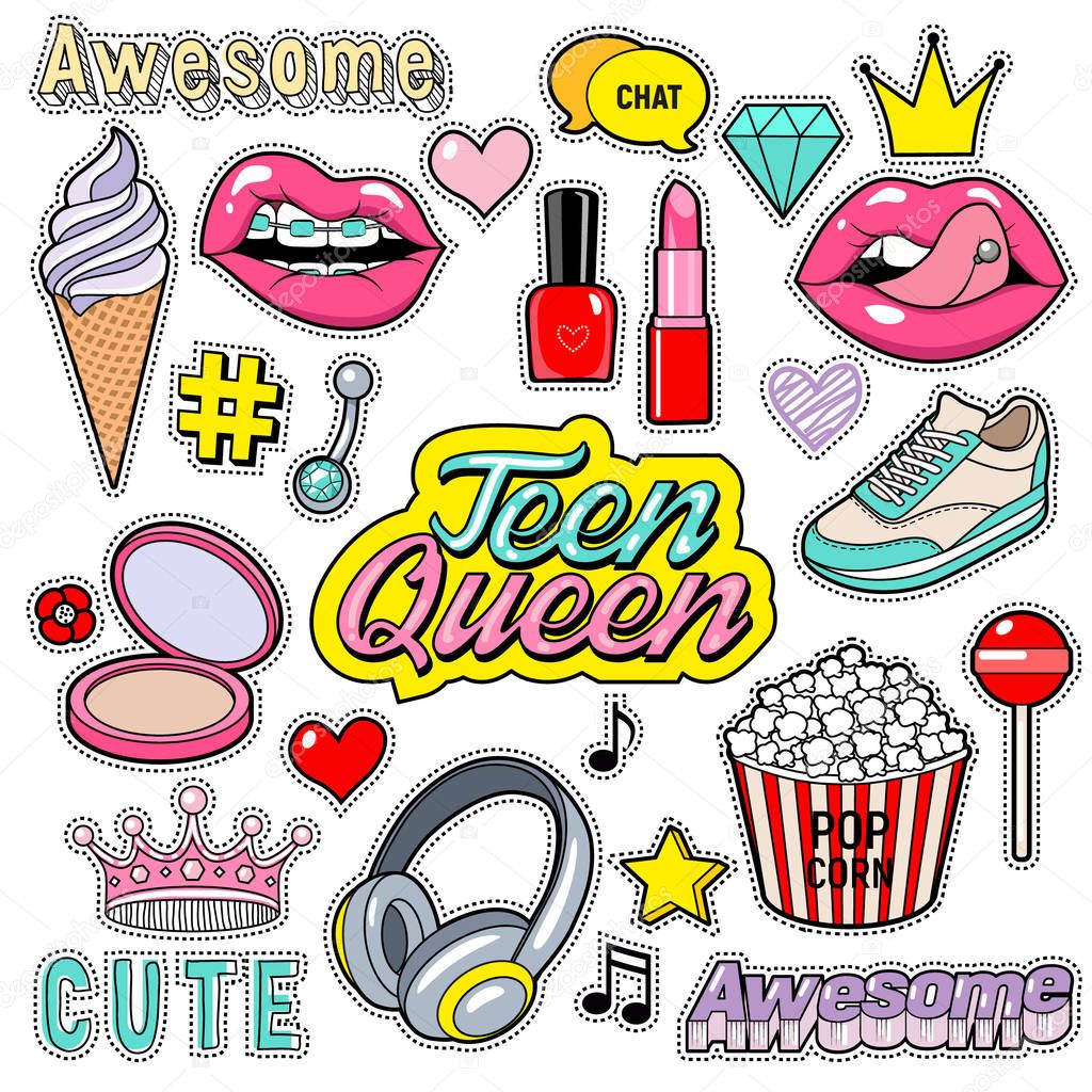 Trendy sticker pack heart, crown, lips, diamond. Cute fashion stikers kit. Doodle pop art sketch badges and pins. Vector hand drawn patches set