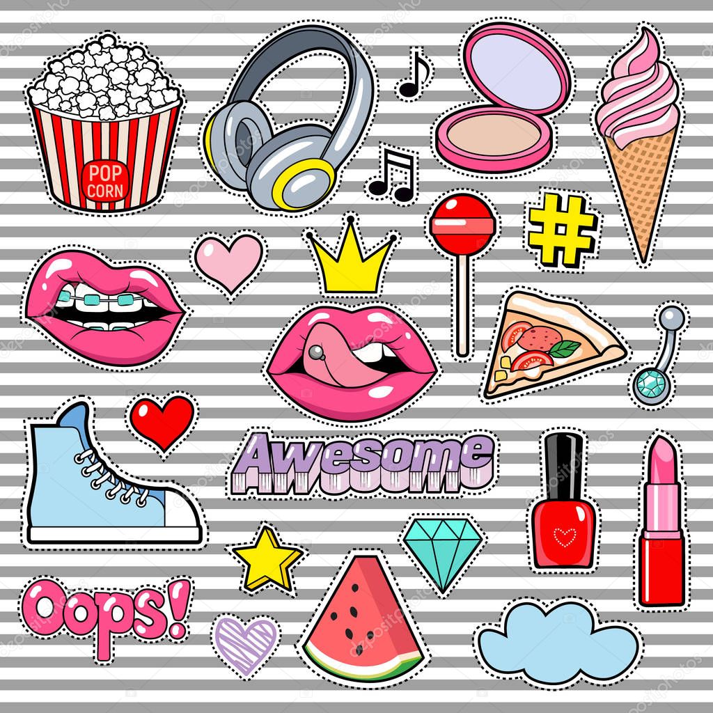 Trendy sticker pack heart, crown, lips, sneakers, cloud, diamond. Cute fashion stikers kit. Doodle pop art sketch badges and pins. Vector hand drawn patches set