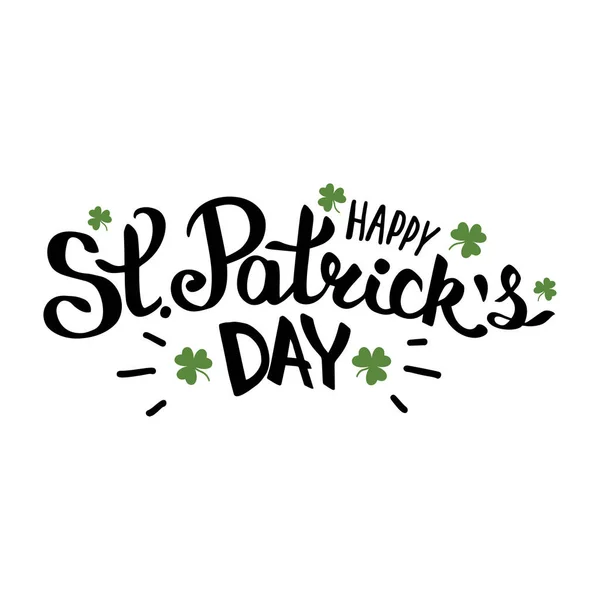 Feliz St Patricks dia lettering composição com trevo folhas vetor ilustração no branco — Vetor de Stock