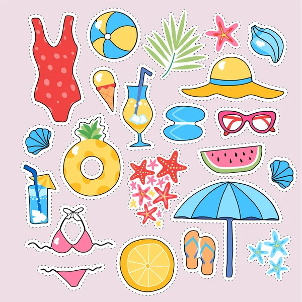 Etiqueta engomada de moda de verano conjunto estrella del mar, sombrilla, gafas de sol, traje de baño, cóctel, sombrero, chanclas vector ilustración — Vector de stock