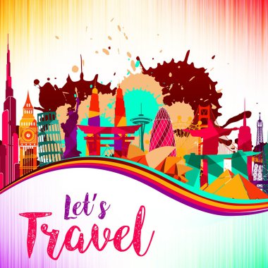 Seyahat ve Turizm manzarası arka plan splash boya mor ve sarı, kırmızı, güzel renkli mimarisi