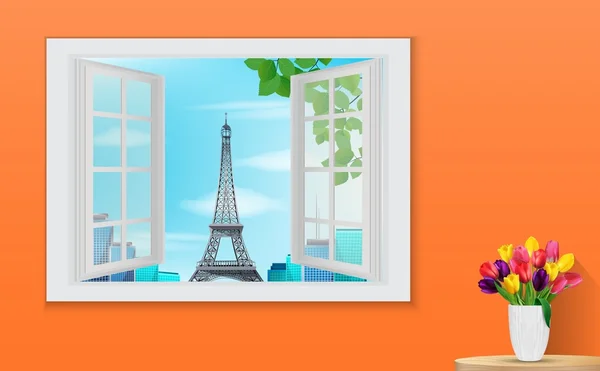 Opened wooden window and view on Eiffel tower — Stock Vector