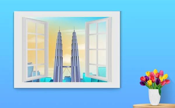 Fenêtre en bois ouverte et vue sur les tours Petronas — Image vectorielle