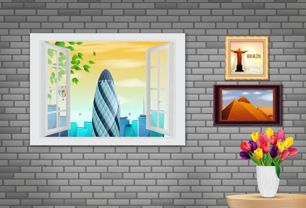 Ventana de madera abierta y vista al edificio gherkin — Vector de stock