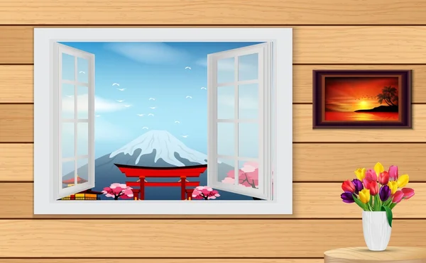 Ventana de madera abierta y vista de la Pagoda y la Montaña Fuji — Vector de stock