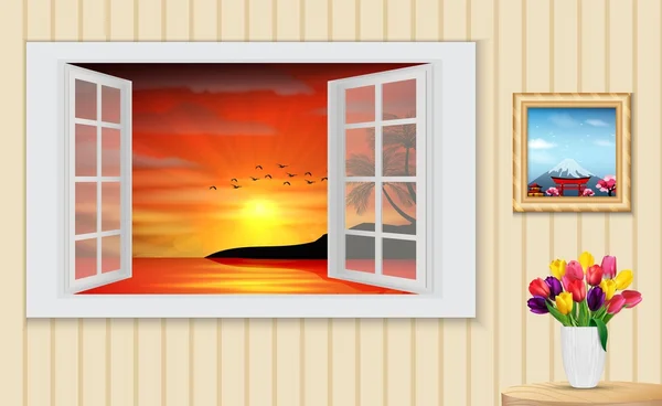 Fenêtre en bois ouverte et vue sur le coucher de soleil des palmiers sur la plage — Image vectorielle