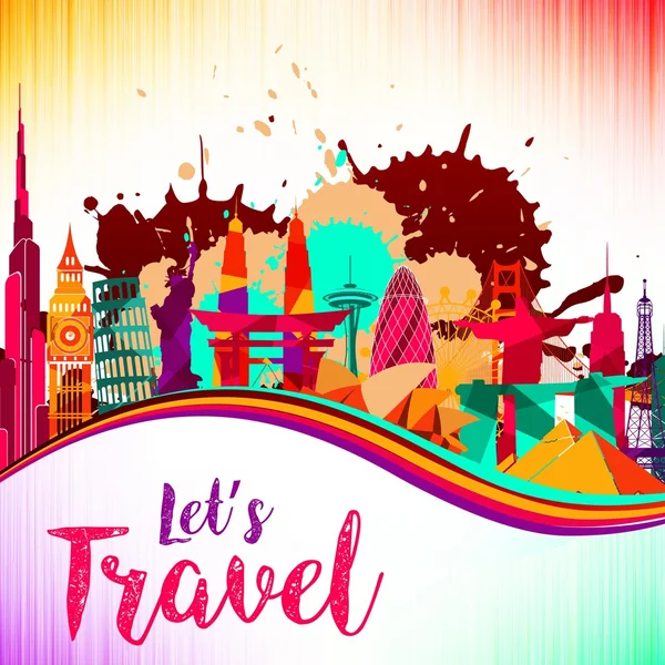 Viagens e turismo no horizonte fundo respingo pintura violeta e amarelo, vermelho, bela arquitetura colorida — Vetor de Stock