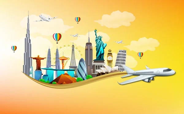 Viajes y turismo con avión sobre fondo naranja — Vector de stock