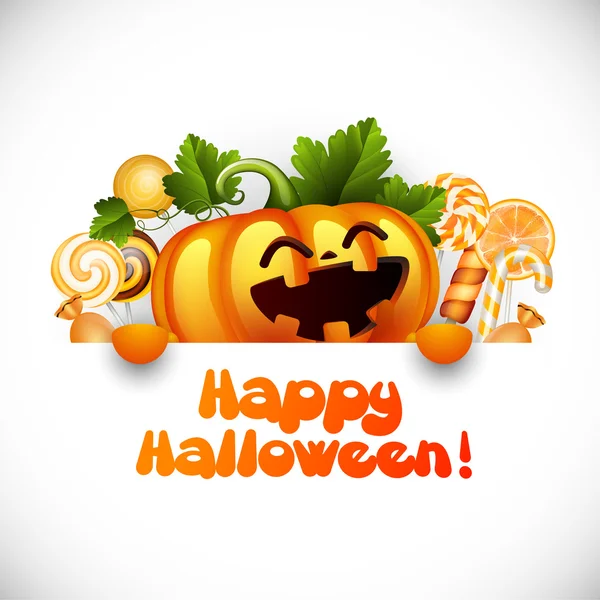 Halloween pompoen glimlachend en snoep — Stockvector