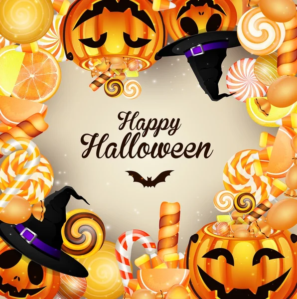 Fondo de Halloween con calabazas y caramelos — Vector de stock