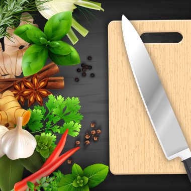 Baharat ve otlar ile kesme tahtası ve bıçak