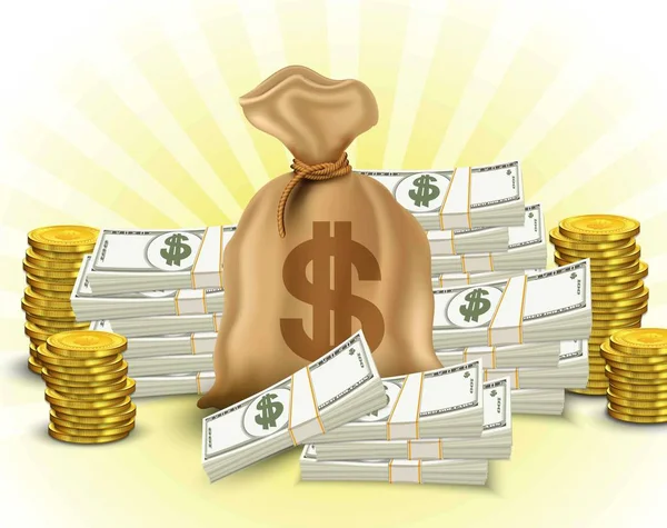 Pengar in. Pappers-pengar, stack av guldmynt, säck dollar — Stock vektor