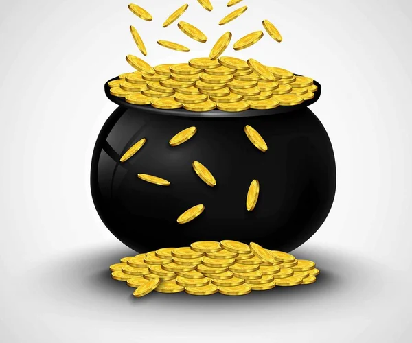 Monedas de oro cayendo en olla negra — Vector de stock